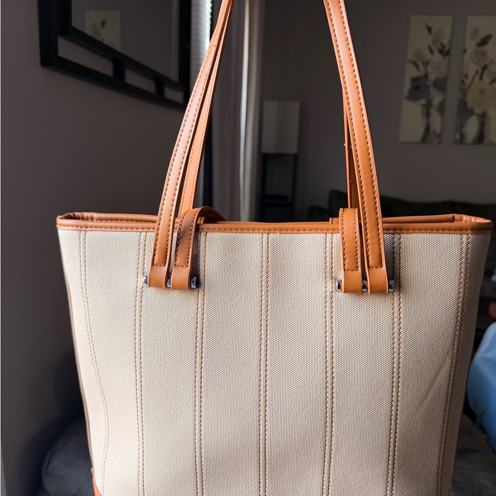 Rachel Zoe Beige Canvas Shoulder Tote with Tan Leather Trim